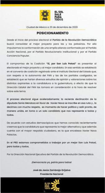 PRD nacional se decanta por Xavier Nava como candidato al Gobierno del Estado
