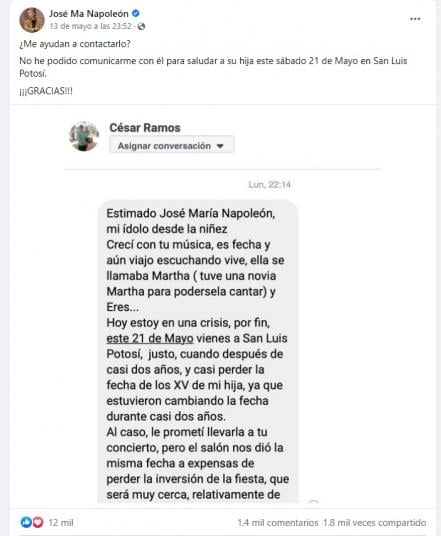VIRAL. Napoleón busca a través de redes a seguidor de SLP; quiere felicitar a su hija por sus 15 años