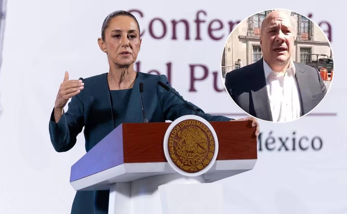 Claudia Sheinbaum, presidenta de México, durante la mañanera del 20 de marzo del 2025. En el círculo: Enrique Alfaro, exgobernador de Jalisco. Fotos: Hugo Salvador / EL UNIVERSAL y Especial