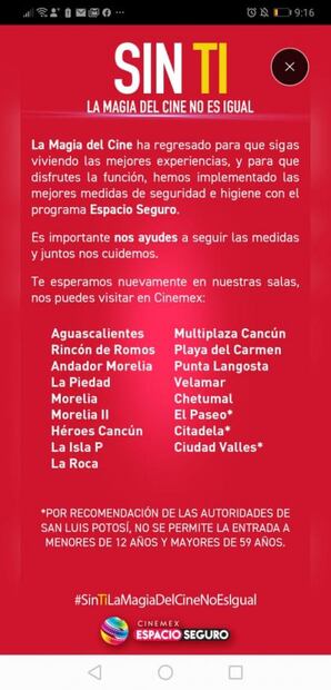 Este viernes cines reabren sus puertas al público en San Luis Potosí