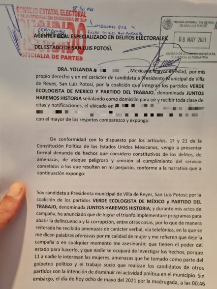 Candidata de PVEM-PT en Villa de Reyes presenta denuncia por ataque armado en su contra