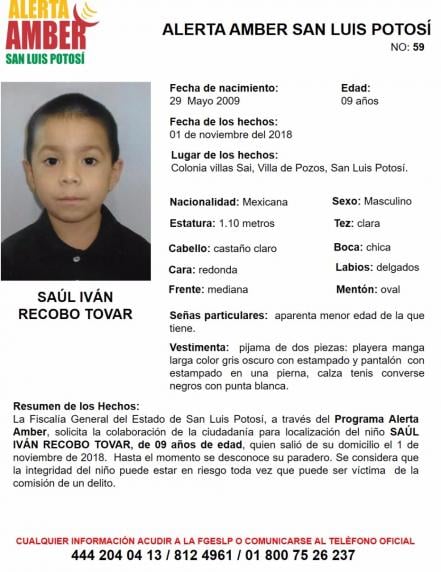 Activan Alerta Amber para localizar a Saúl Iván Recobo