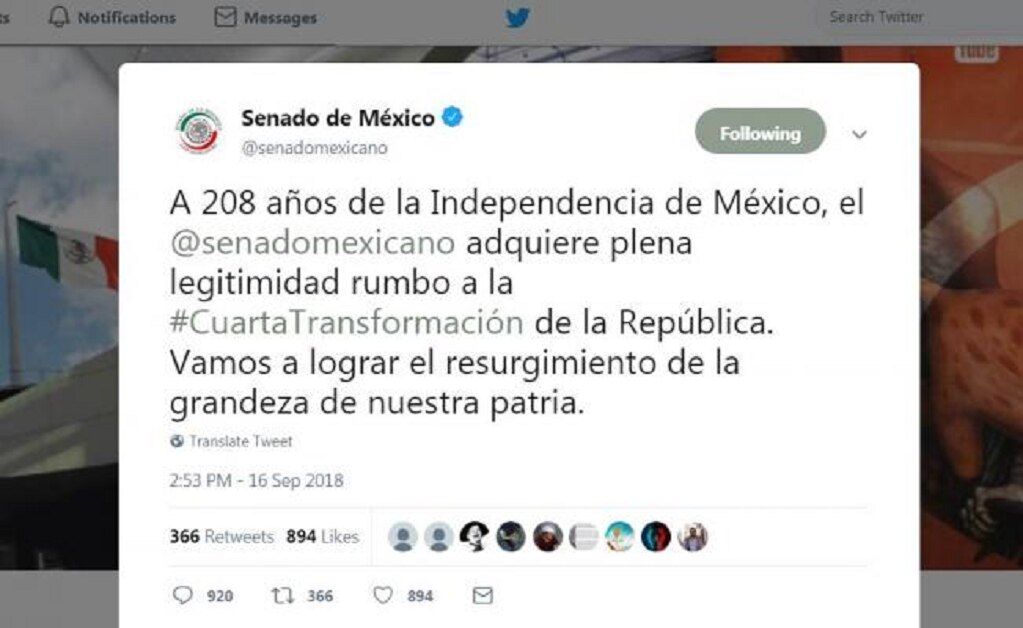 Tuit del Senado que aludía a la Cuarta Trasformación causa polémica