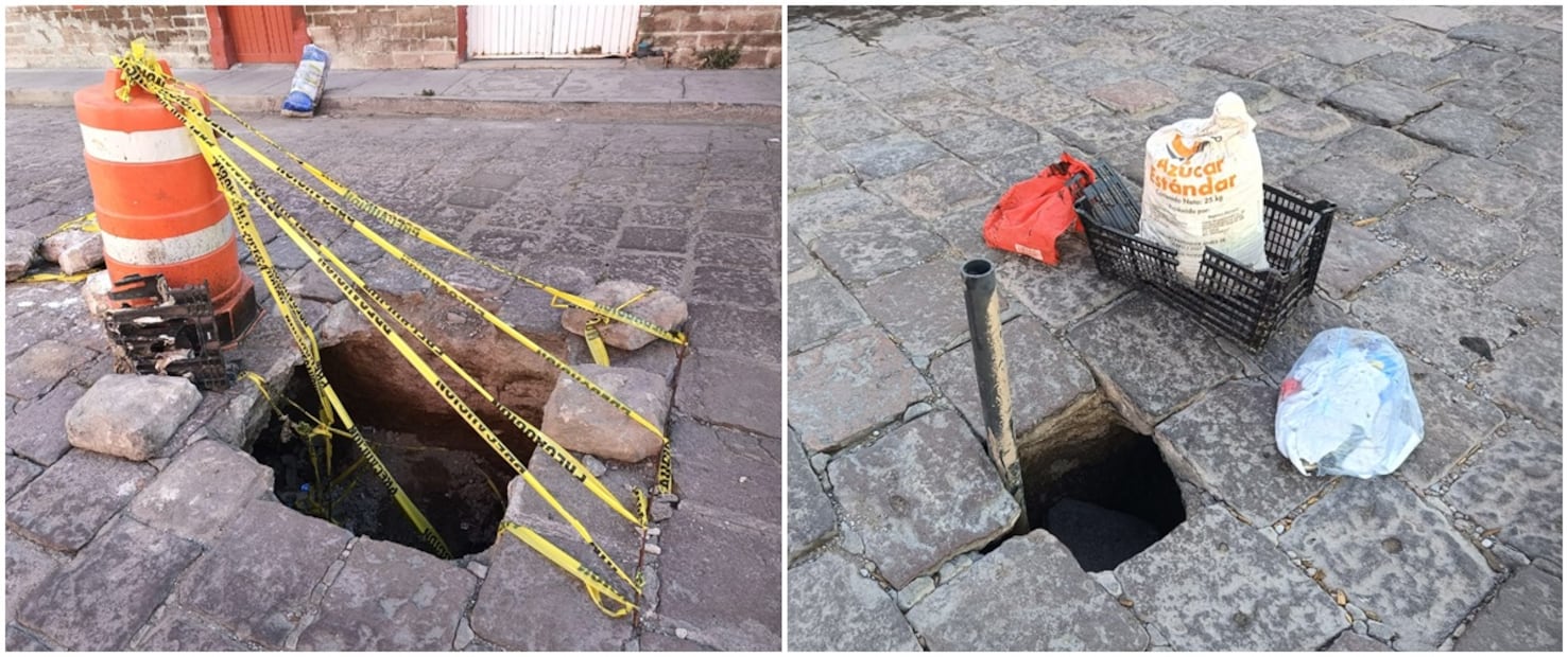 Son dos hoyos los que ponen en peligro la circulación en la calle Morelos de SLP. Fotos: Jazmín Ramírez