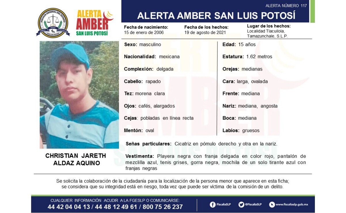 Emiten Alerta Amber para localizar a Christian Jareth, de 15 años; fue visto por última vez en Tamazunchale, SLP