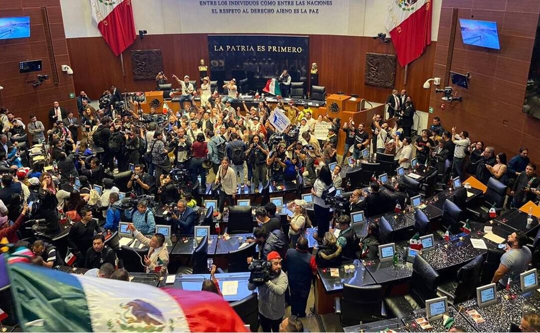 Manifestantes dan portazo en el pleno del Senado. Foto: Sharon Mercado/EL UNIVERSAL