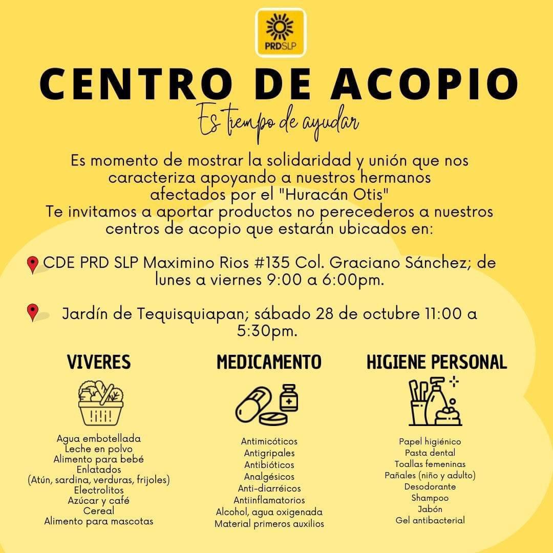 Convocan en SLP a acopio para afectados por el huracán Otis en Acapulco