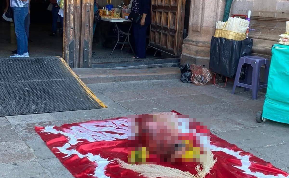 Dejan una cabeza de vaca frente a la Catedral de San Luis Potosí