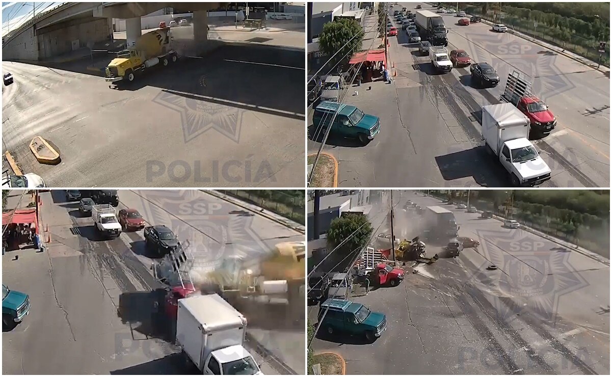 Captan momento exacto en que revolvedora se impacta contra vehículos en capital de SLP