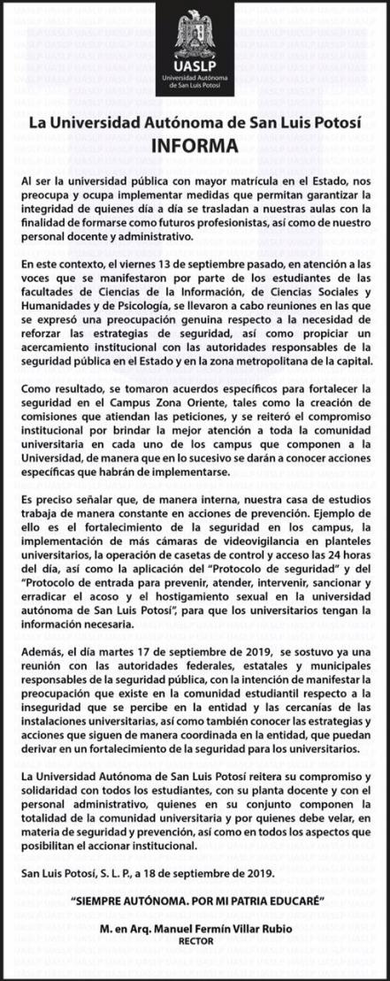 Acuerdan estudiantes y UASLP reforzar seguridad en Campus Zona Oriente