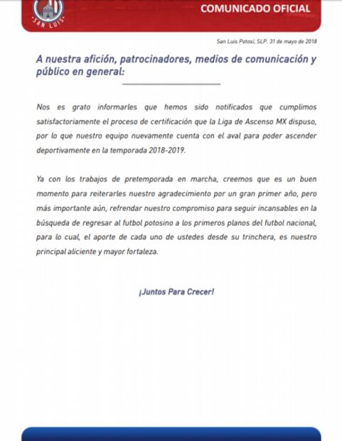 Atlético de San Luis anuncia aval para ascenso 