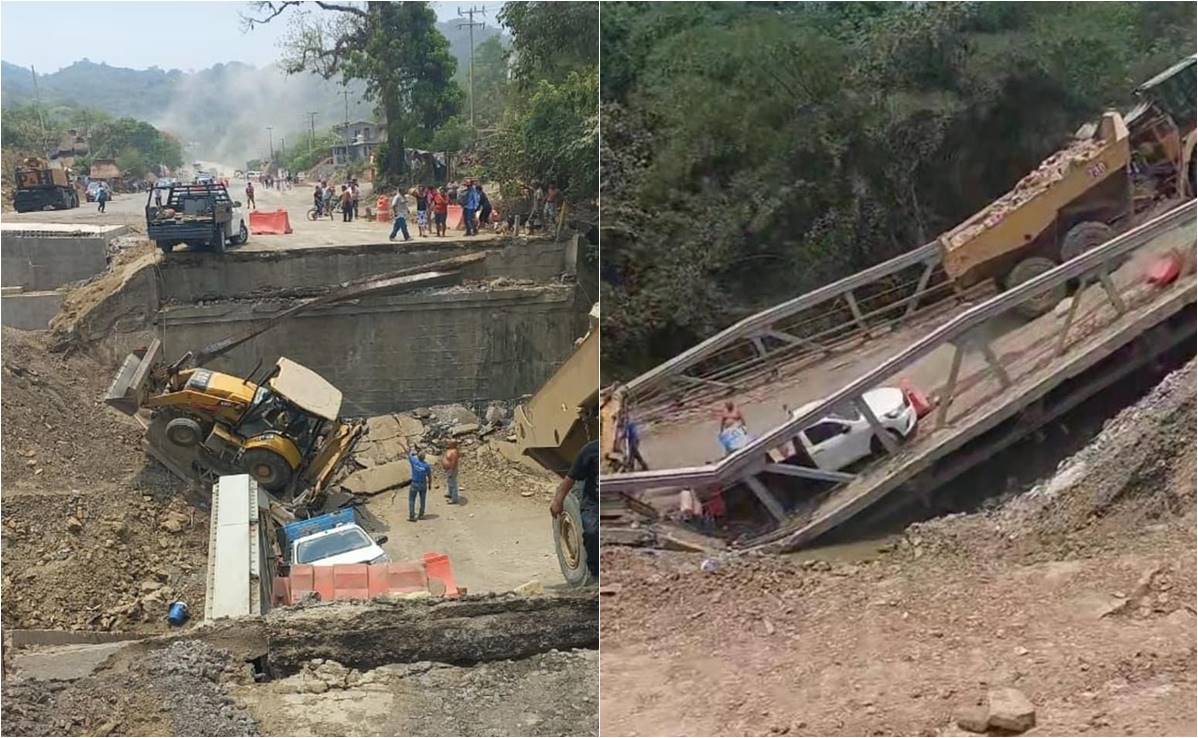 Colapsa puente vehicular durante obras de la carretera Tamazunchale-Matlapa en SLP; reportan heridos