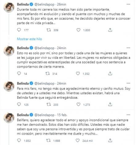 Belinda denuncia violencia de género y asegura que buscará respeto por la vía legal