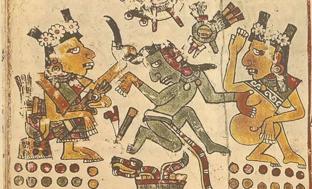 En el Códice Borgia quedó registrada la diosa Xochiquétzal y un sacerdote mexica que renuncia a la abstinencia. Foto: IMÁGENES TOMADAS DEL LIBRO “AHUILCUICATL. CANTOS ERÓTICOS DE LOS MEXICAS”, DE PATRICK JOHANSSON
