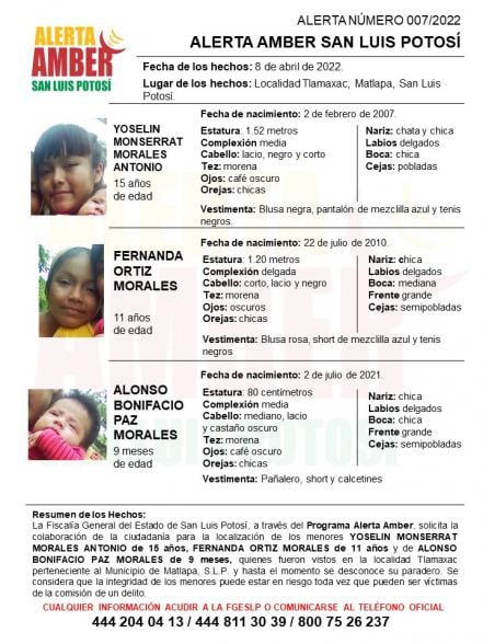Activan Alerta Amber para localizar tres menores reportados como desaparecidos en municipio de SLP