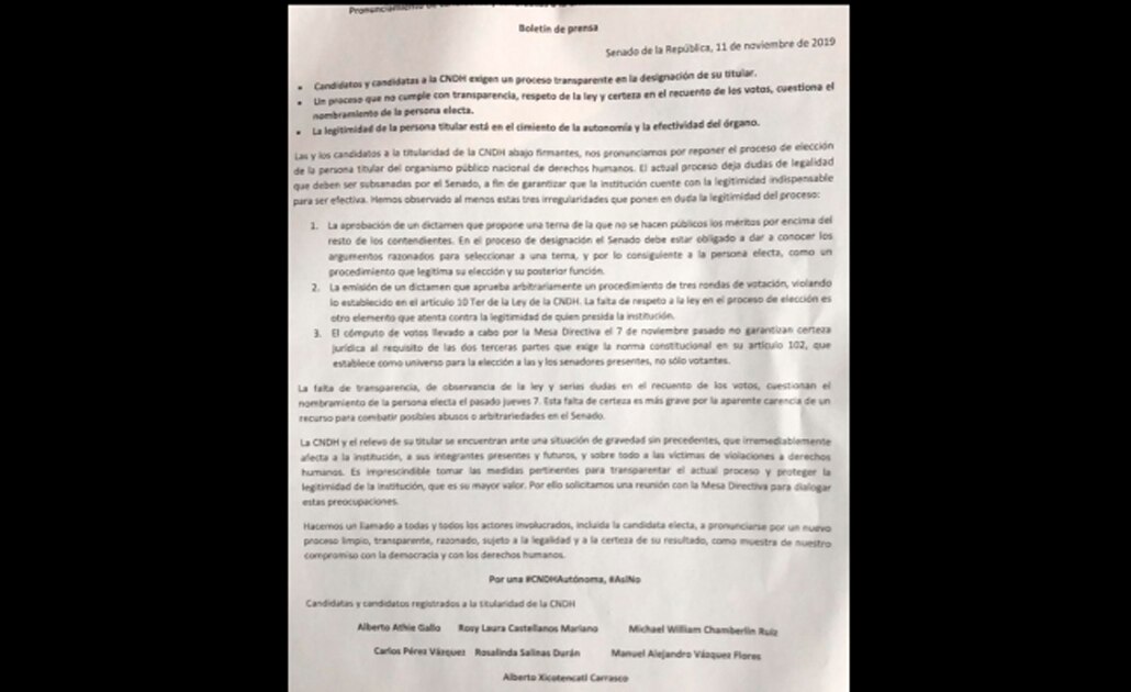 Candidatos a CNDH piden reponer elección