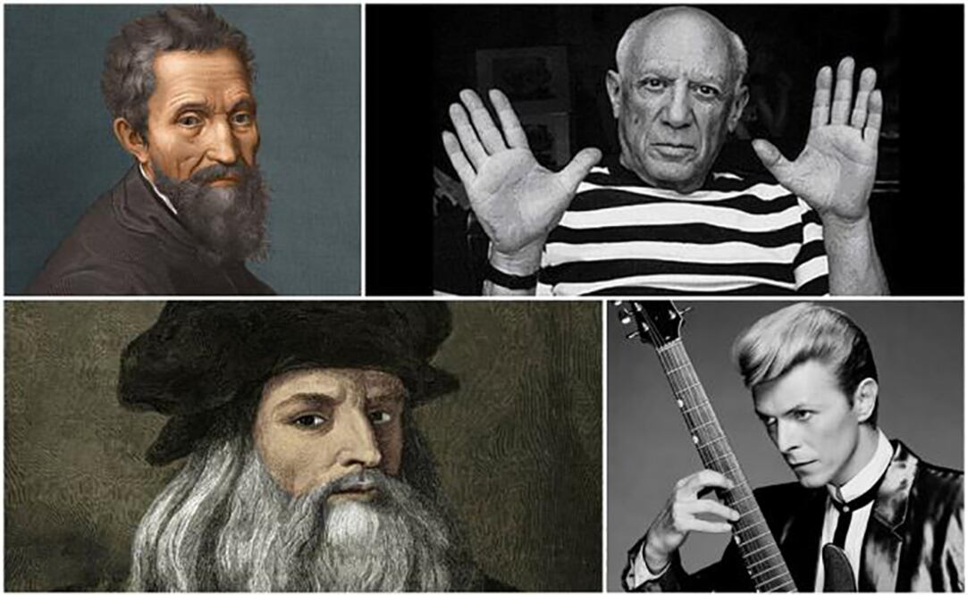 En izquierda los pintores Miguel Ángel y Da Vinci,a la derecha Pablo Picasso y David Bowie