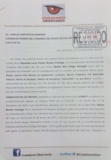 Ciudadanos Observando formaliza denuncia contra legisladora