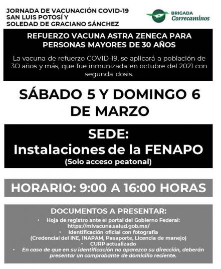 Extienden hasta el 6 de marzo vacunación contra Covid-19 para mayores de 30 años en SLP