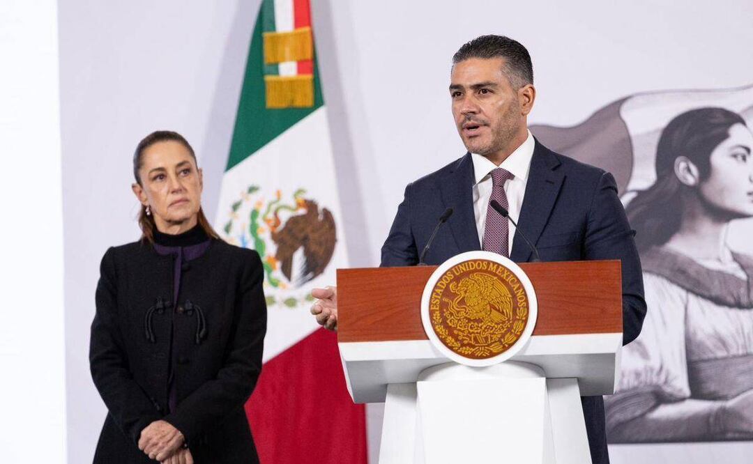 La presidenta Claudia Sheinbaum Pardo encabeza la conferencia de prensa mañanera del 23 de febrero de 2026, desde Palacio Nacional. Foto Hugo Salvador El Universal