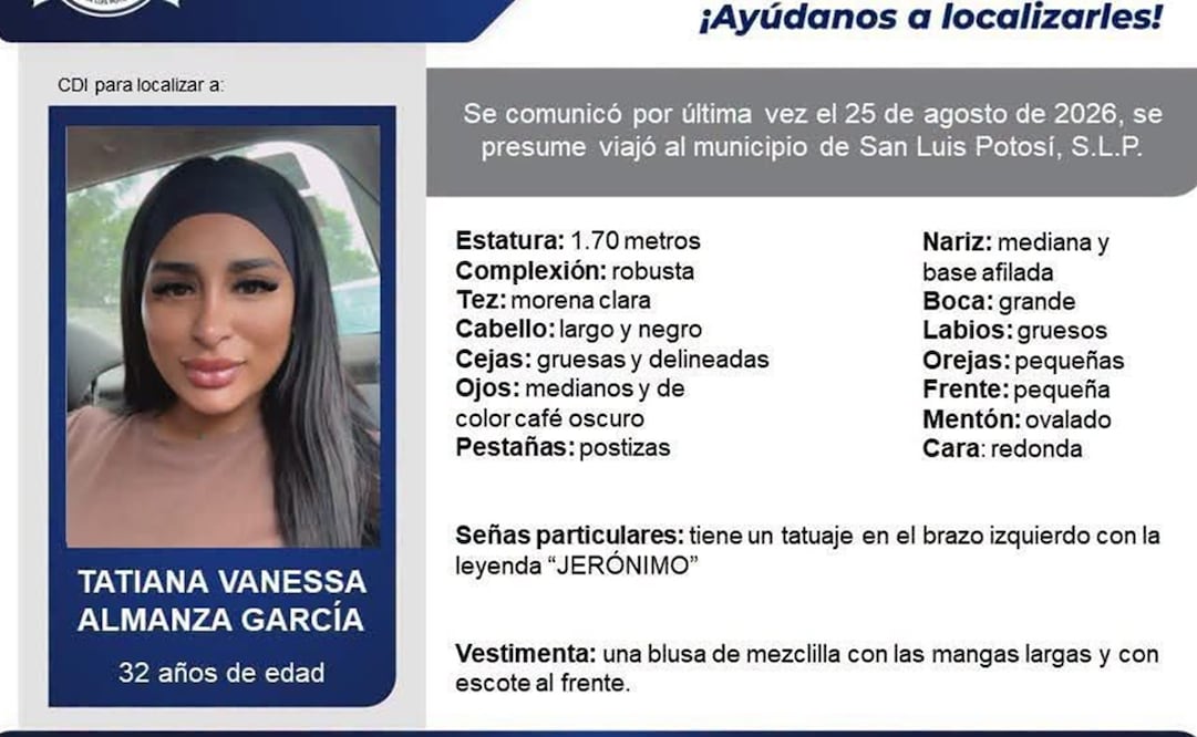 Ficha de búsqueda de Tatiana Vanessa, reportada como desaparecida en SLP. Foto: Especial