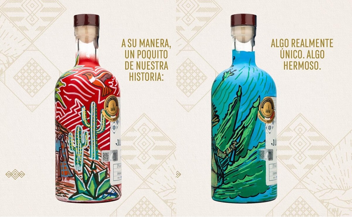 Botellas pintadas a manos del mezcal Júrame. Foto: Mezcal Júrame