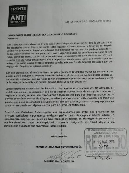 Frente Ciudadano pide abrir proceso para elegir a Oficial Mayor del Congreso del Estado