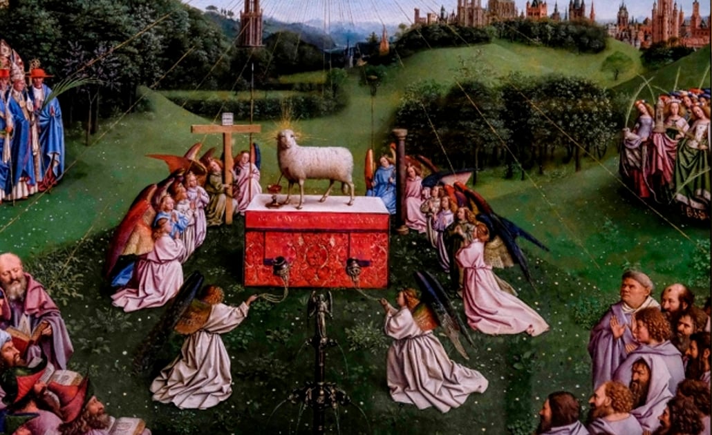 "La adoración del cordero místico" (1432) del del "Altar de Gante" por los hermanos Hubert van Eyck and Jan van Eyck. Foto: DIRK WAEM / Belga / AFP, archivo