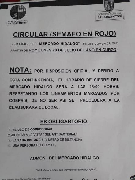 Tras regreso a semáforo rojo, mercados del Centro de SLP endurecen medidas sanitarias