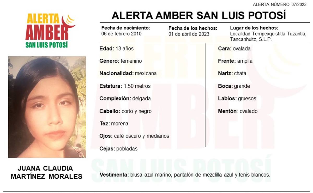 Activan Alerta Amber para localizar a Juana Claudia de 13 años de edad, desaparecida en SLP