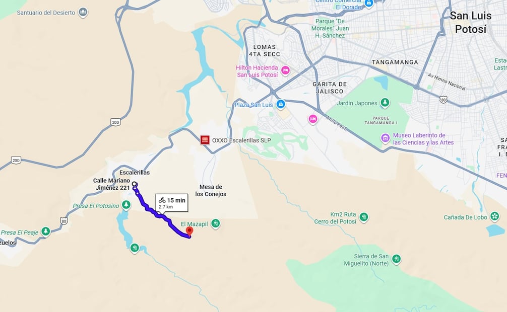 Ruta de llegada a El Mazapil, SLP. Foto: Google Maps.
