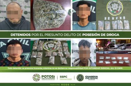 Elementos de la Guardia Civil de SLP aseguran 80 dosis de estupefacientes; hay 8 detenidos 
