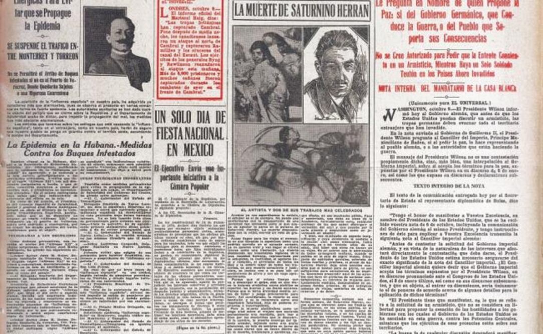 La portada del 10 de octubre de 1918 de EL UNIVERSAL decía: “UN GRAVE PELIGRO SE CIERNE SOBRE EL PAÍS”. Y se podía leer: “En guardia sobre la gripe española. Departamento de salubridad adopta medidas enérgicas para evitar que se propague la epidemia”.