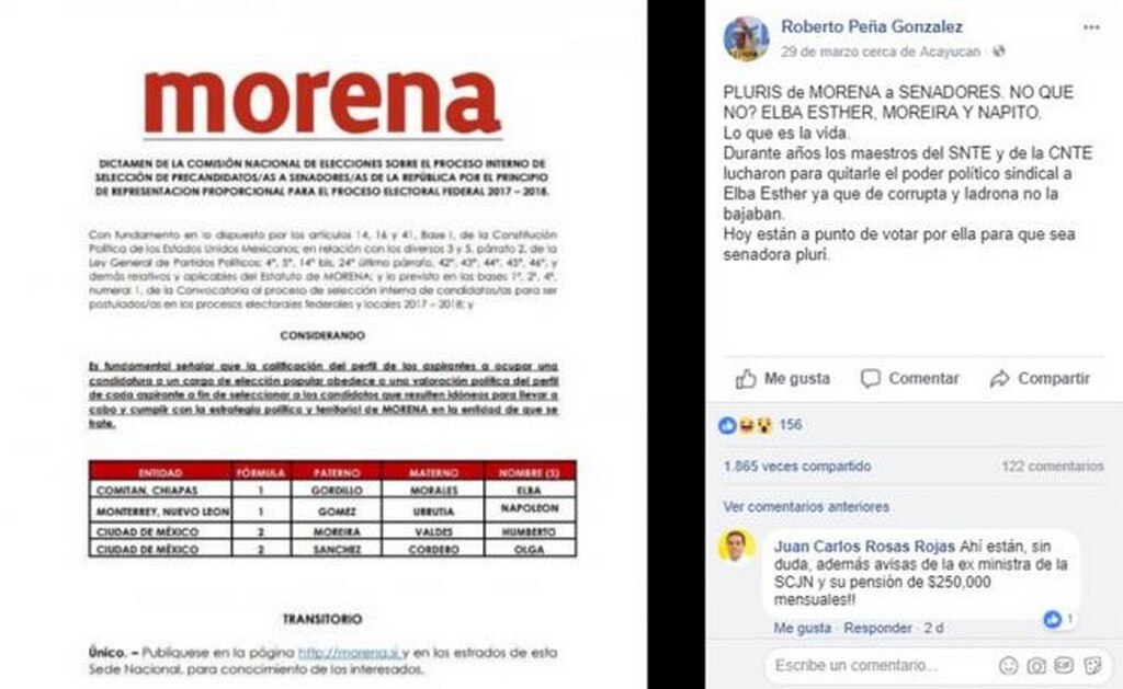 Falso, que Elba Esther forma parte de la lista de plurinominales de Morena: Verificado 2018