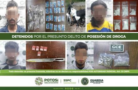 Elementos de la Guardia Civil de SLP aseguran 80 dosis de estupefacientes; hay 8 detenidos 