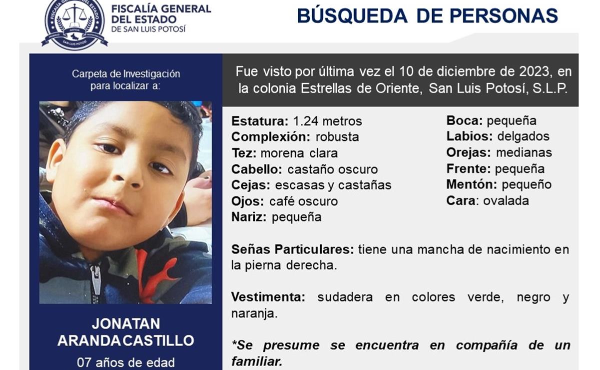 “Su papá se lo llevó con engaños”, acusan presunto caso de sustracción de menor en SLP. Foto: Fiscalía de SLP