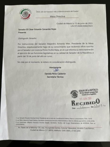 Elí Cervantes no fue removido del Senado por Ley 3 de 3; su salida obedece a razones políticas