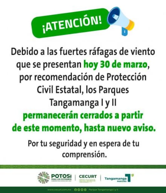 Cierran parques Tangamanga debido a ráfagas de viento en la capital de SLP