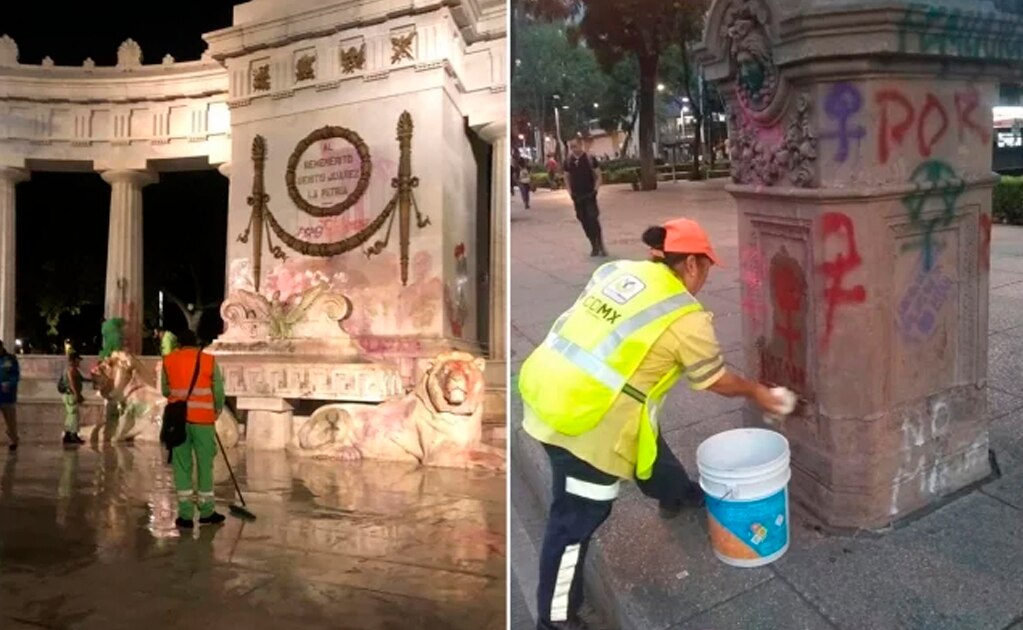 Limpian pintas en Paseo de la Reforma y Hemiciclo a Juárez tras marcha feminista