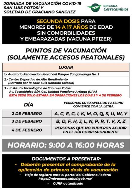 Aplicarán segundas dosis para menores de 14 a 17 años en la capital potosina