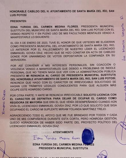 Renuncia Edna Yuridia, edil de Santa María del Río, a 15 días de tomar el cargo