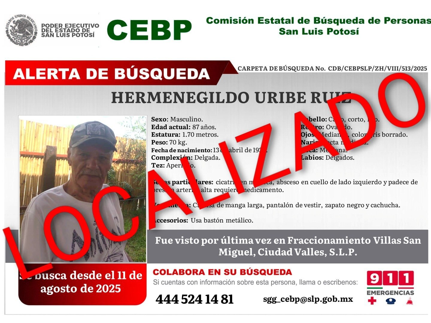 Ficha de Búsqueda de Hermenegildo Uribe Ruiz. Foto: Comisión Estatal de Búsqueda de Personas San Luis Potosí, FB