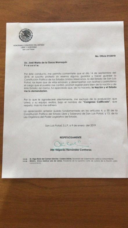 Solicita Edgardo Hernández ser excluido de evaluación de Congreso Calificado