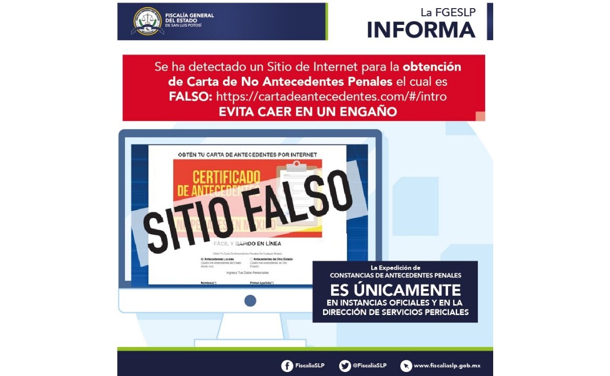 Fiscalía de SLP alerta por sitio web falso que ofrece cartas de antecedentes no penales