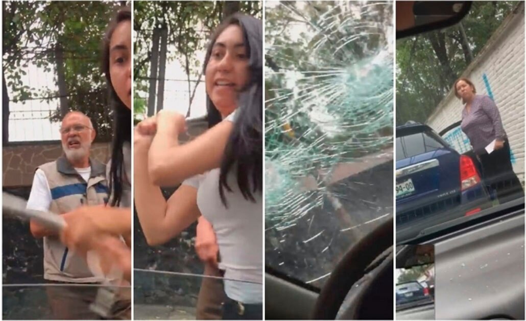 Joven destruye parabrisas de auto y la llaman #LadyPiñata