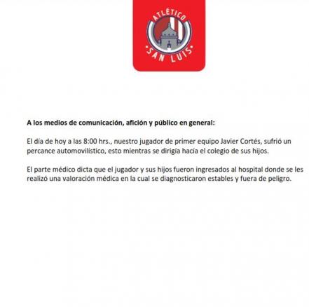 Javier Cortés, jugador del Atlético de San Luis, el accidentado en Rocha Cordero