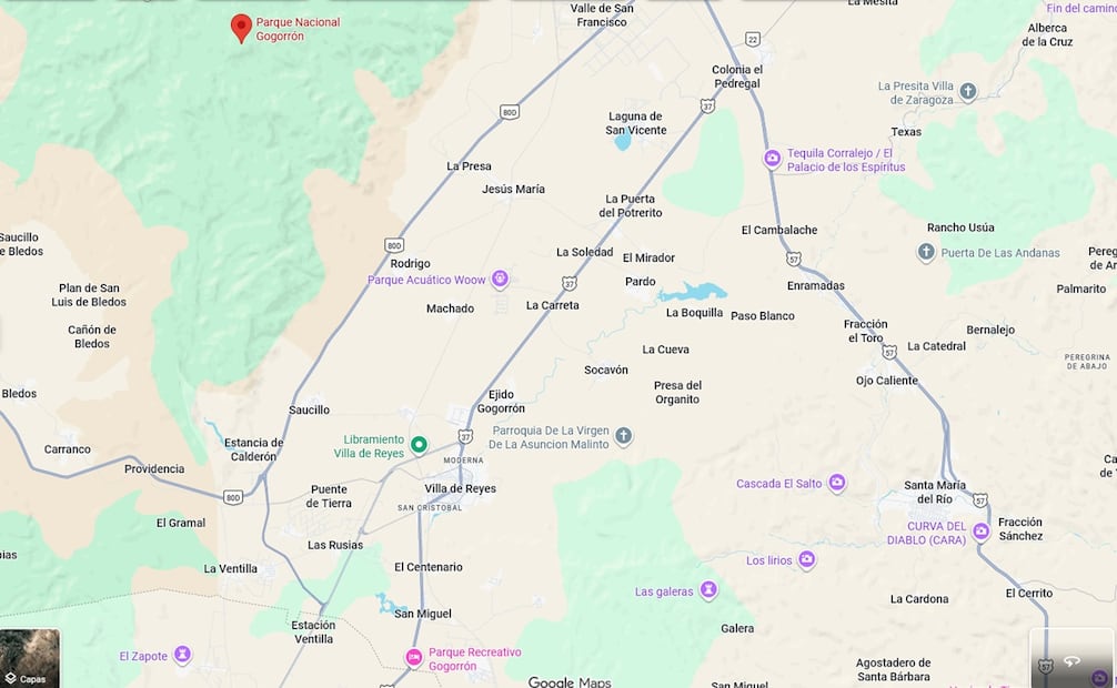 El Parque Nacional Gogorrón y el Centro Vacacional Gogorrón son dos zonas turísticas ubicadas en el municipio Villa de Reyes, SLP. Foto: Imagen satelital Google.