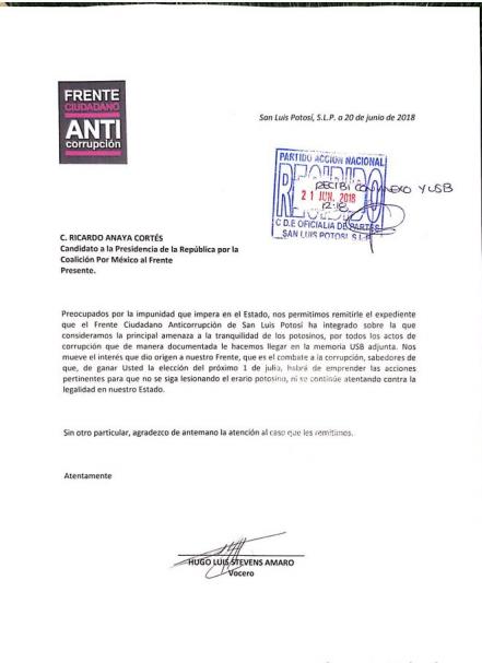 Envía FCA expedientes de corrupción potosina a presidenciables