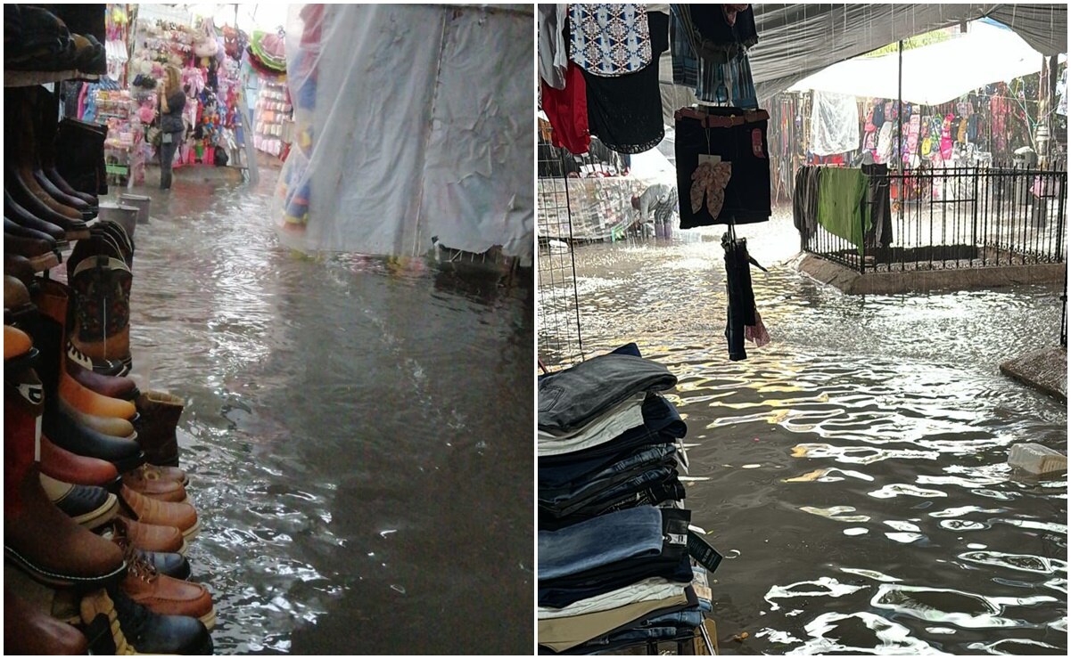 Mercado República enfrenta inundaciones tras las fuertes lluvias en la capital de SLP. Fotos: Humberto Torres