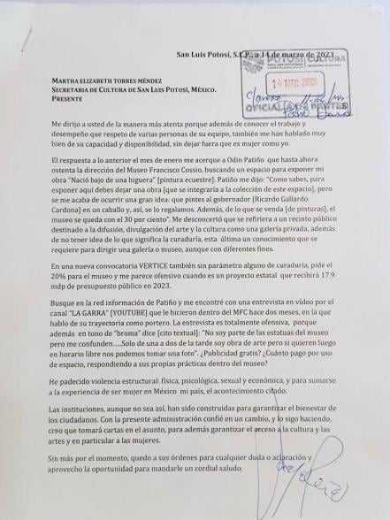 Acusa pintora potosina malas prácticas por parte de Odín Patiño, director del Museo Francisco Cossio